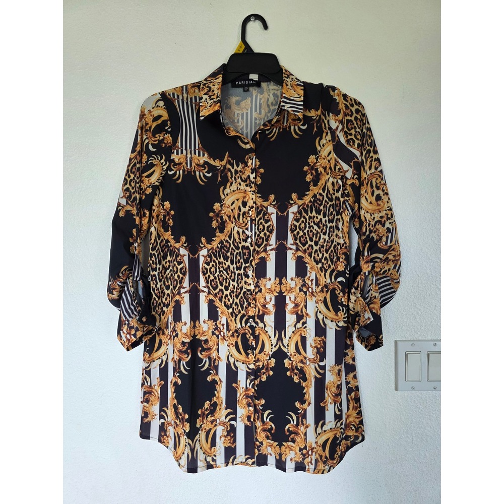 Parisian Women Gold Baroque Leopard Striped Roll Tab Tunic Blouse Size 6 US
